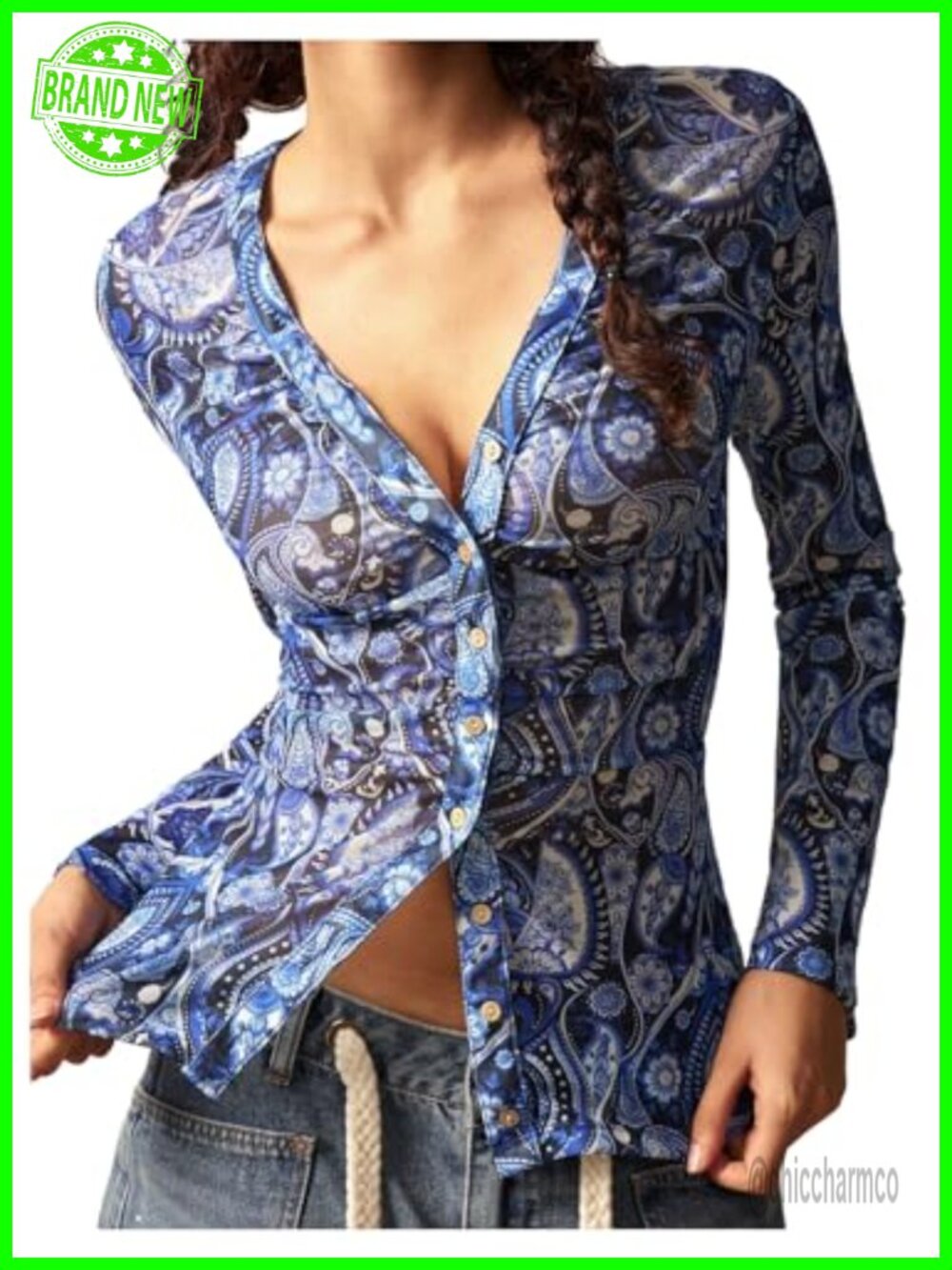 Boho Paisley Sheer Blouse Ruched Button Up Top Women